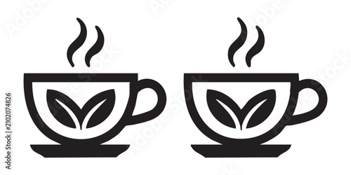 Konstfotografi Two identical tea cup icons with leaf patterns and rising steam on transparent checkerboard surface