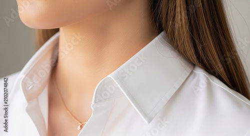 Detailed view of a classic white shirt collar and a thin gold pendant necklace worn by a woman with straight brown hair.