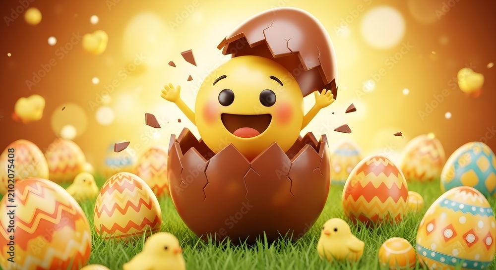 Naklejka premium Cheerful easter chick emerging from chocolate egg in springtime meadow
