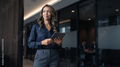 Smiling professional businesswoman holding digital tablet standing in modern corporate office interior, elegant mature female executive looking away confident, career success concept.