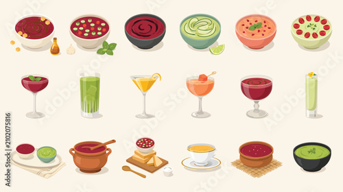 Foto Premium flat vector illustration set of diverse gourmet soups, chilled gazpacho, cocktails, and elegant appetizers