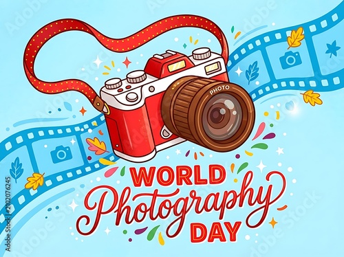 World Photography Day celebration with camera and film strip