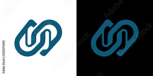 Photos Modern abstract symbol of interlocking loops in teal blue, shown on both white a