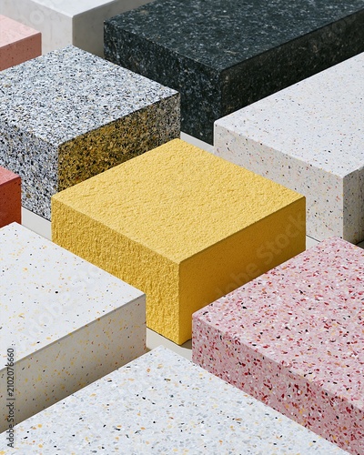 a selection of concrete materials of various colors and textures, neatly arrayed.