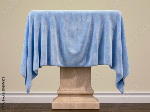 a podium with a fine soft blue cloth draped overtop