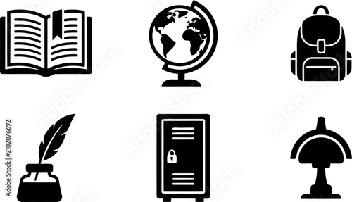 Fotografi A comprehensive collection of six essential school and academic icons featuring an open textbook, a world globe, a student backpack, an inkwell, a locker, lamp