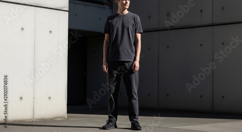 Full length portrait of a young man standing outdoors in front of a modern concrete wall with shadows. He is wearing a plain grey t-shirt and dark trousers.