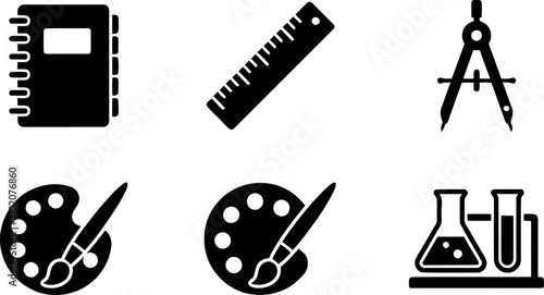 Fotografi A comprehensive collection of black and white vector icons representing essential school supplies including a notebook, ruler, drafting compass, paint palette, and laboratory glassware set