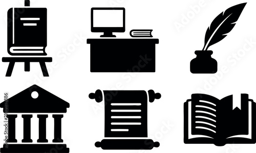 Quadro su tela A comprehensive collection of six black icon silhouettes representing academic themes including books, writing tools, a computer desk, a library building, and an ancient scroll