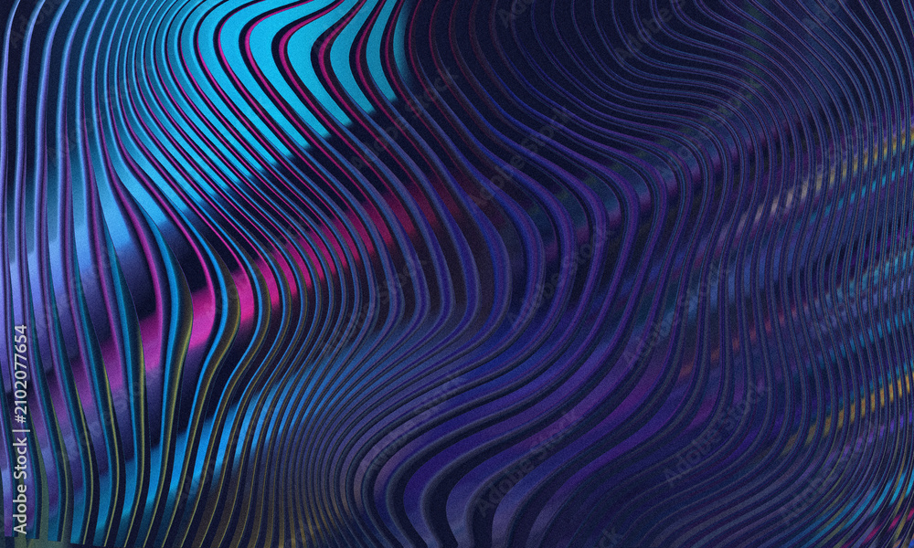 Fototapeta premium Abstract neon metallic wave background with distorted purple and blue holographic lines.
