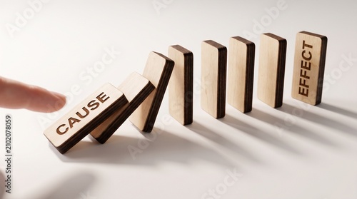 Finger pushing wooden domino block labeled cause starting a chain reaction of falling blocks towards effect, representing business risk and cause and effect concept