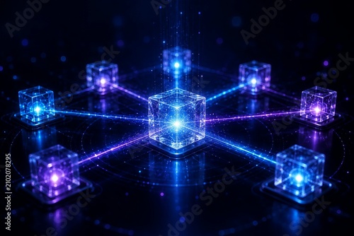 Futuristic Quantum Computing Network with Glowing Glass Cubes and AI Data Connections