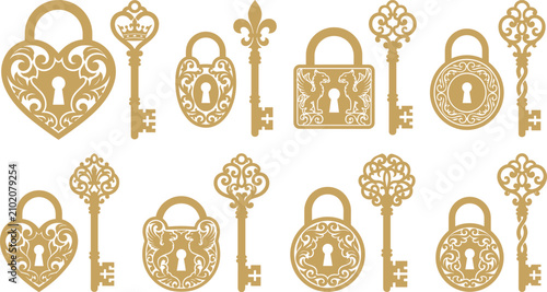 Set of gold vintage locks and keys, vector design elements on transparent background.