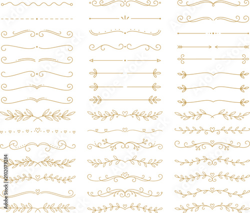 Set of vector hand drawn gold dividers, ornate border elements and text separators.