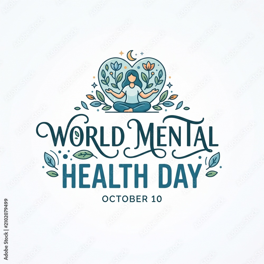Obraz premium World mental health day lettering design with a woman meditating inside a heart shape with flowers