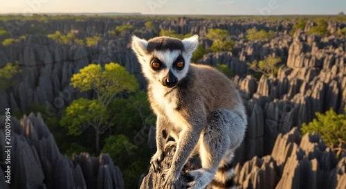 A ring-tailed lemur sits atop a sharp limestone peak in Madagascar's vast Tsingy de Bemaraha landscape.