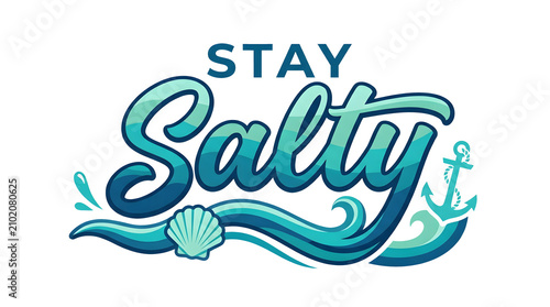 Stay Salty Coastal Typography PNG with Ocean Waves, Anchor and Seashell Hand Lettering Isolated on Transparent Background