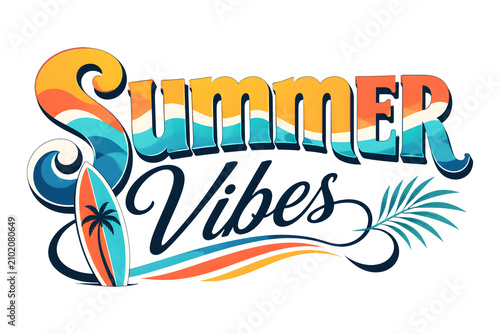 Summer Vibes Typography PNG with Surfboard, Palm Leaf and Colorful Beach Lettering Isolated on Transparent Background