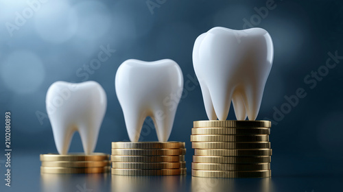 Three white teeth models balanced on stacks of gold coins. Represents the rising cost of dental care and financial.