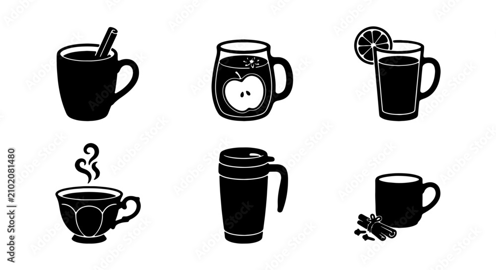 Fototapeta premium Warm Beverage Icons, Hot Drink Vector Set, Cozy Autumn Winter Mug Collection, Coffee Tea Cider Graphics