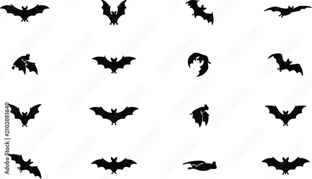 Fototapeta premium Set of black bat silhouettes in different flying poses for Halloween design