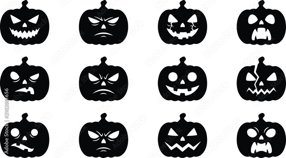 Obraz premium Set of black halloween pumpkin silhouettes with scary carved faces