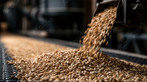 Golden wheat seeds pour from a machine onto a dark conveyor belt. This highlights industrial food supply chains.