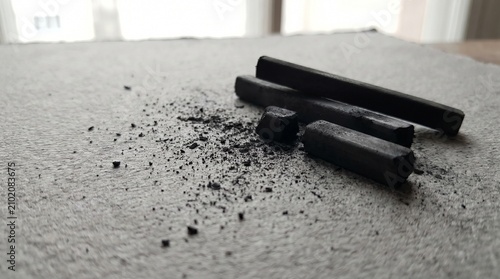 Several dark charcoal sticks rest beside scattered black dust particles on a rough textured paper surface in natural soft lighting.