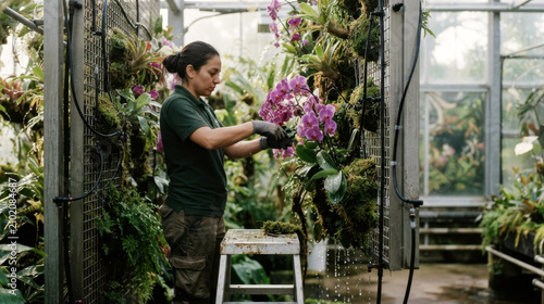 Maintenance worker trimming orchids and moss on a modular metal mesh garden installation with drip lines and greenhouse reflections.