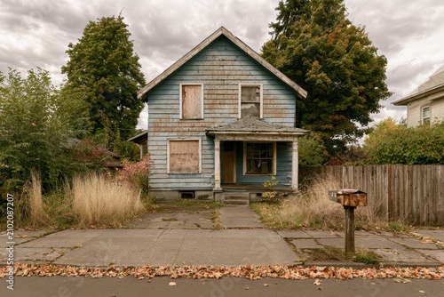 Deteriorating two-story residence on foreclosed property with overgrown yard