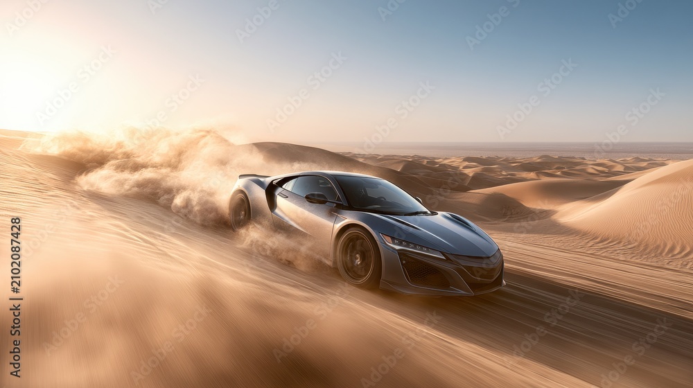 Obraz premium Dust-filled desert chase: fast car in motion along a dusty track