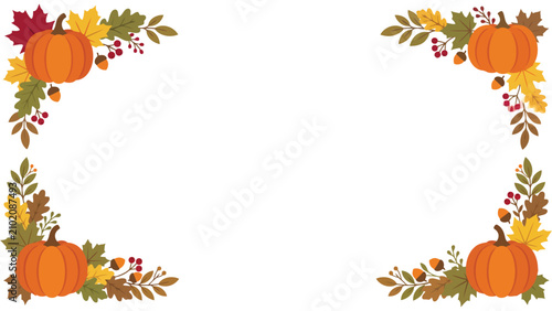 Autumn oak leaves and acorns border. Fall season floral line art decorative element.