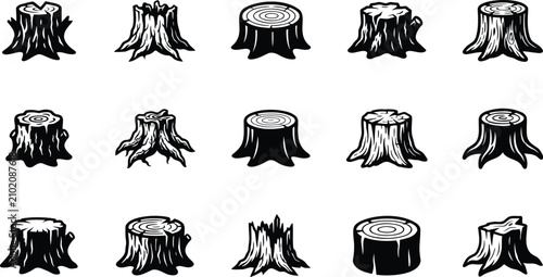 Set of black and white tree stump vector icons