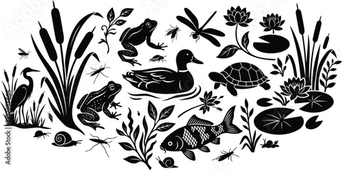 Black and white pond wildlife illustration with animals