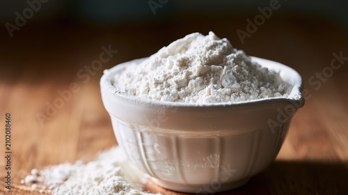 Close-up of a measuring cup filled with all-purpose flour on a wooden kitchen counter