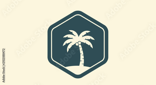 Tropical palm tree in hexagonal badge frame.