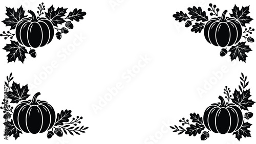 Autumn pumpkin corner frame border. Fall harvest foliage design with leaves and acorns.