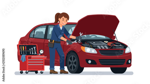 Female mechanic working on a car engine with tools and toolbox