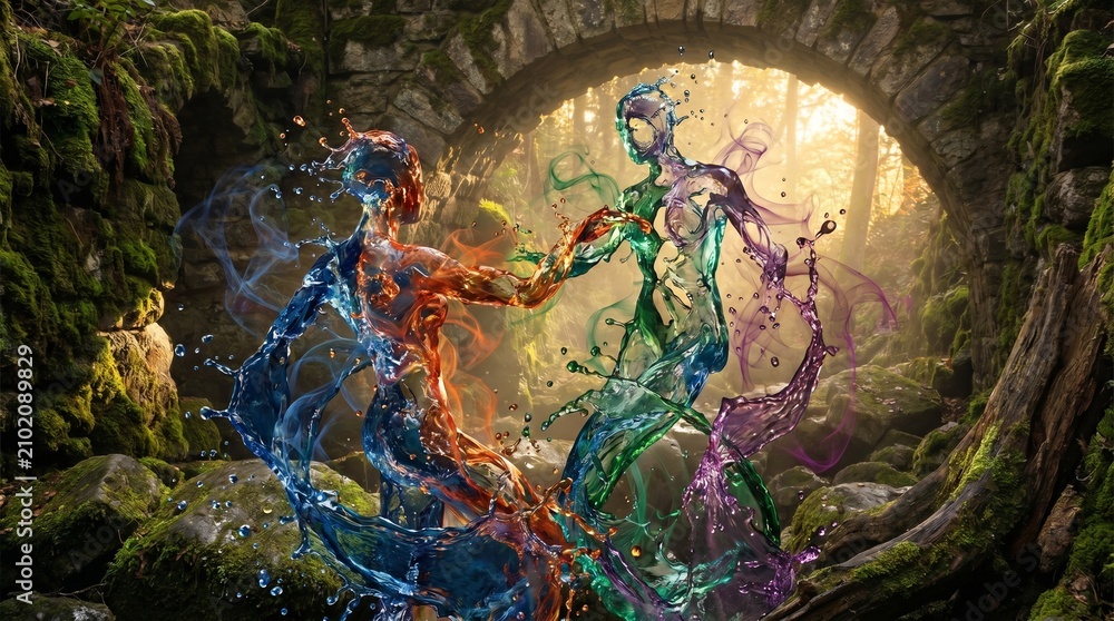 Fototapeta premium Two ethereal human figures formed from swirling liquid water dance together in a vibrant display of colorful fluid motion dynamics