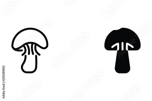 Two mushroom one outline style and one solid black silhouette on a white background