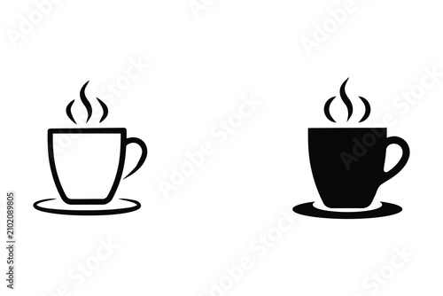 Two minimalist coffee cup with steam, one outline and one solid black silhouette