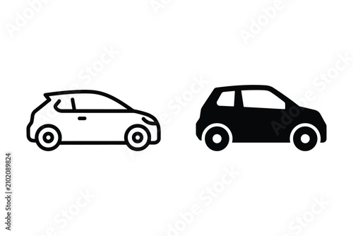 Two small hatchback car one outline and one solid black silhouette on a white background