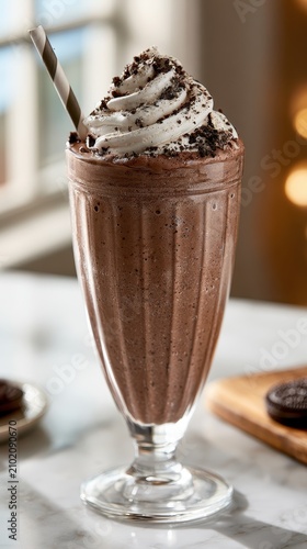 Creamy chocolate cookie milkshake in a tall glass crowned with whipped cream and cookie crumble on a marble counter