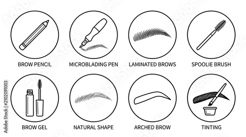 Eyebrow grooming circular round line art icons set, black linear vector badges with brow pencil, microblading pen hair strokes, laminated brows, spoolie brush, brow gel, textured natural shape