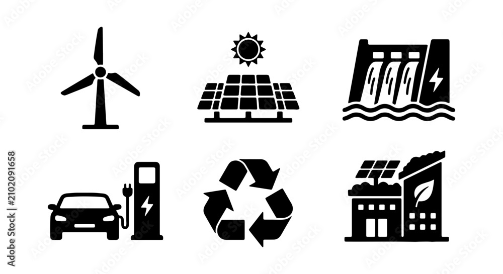 Fototapeta premium Green energy icon set, renewable power vector symbols, eco friendly technology glyphs for sustainable development infographics