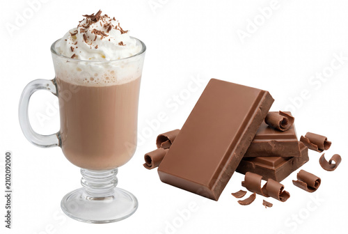 Rich Hot Chocolate Topped with Whipped Cream and Milk Chocolate Bars