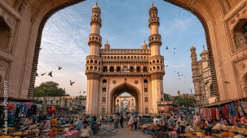 Charminar at Golden Hour: Historic Hyderabad monument with colorful markets and ornate arches
