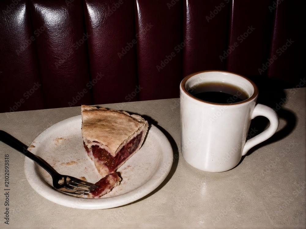 Obraz premium Candid lo-fi 35mm film snapshot of half eaten pie and black coffee cup on retro diner table