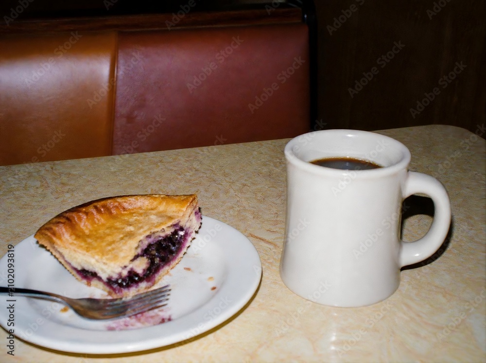 Obraz premium Candid lo-fi 35mm film snapshot of half eaten pie and black coffee cup on retro diner table
