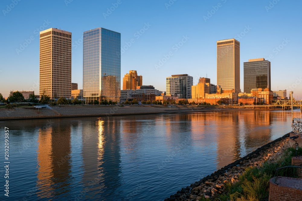 Fototapeta premium Historic Route 66 Vibe Meets Contemporary Downtown Tulsa Skyline at Dusk